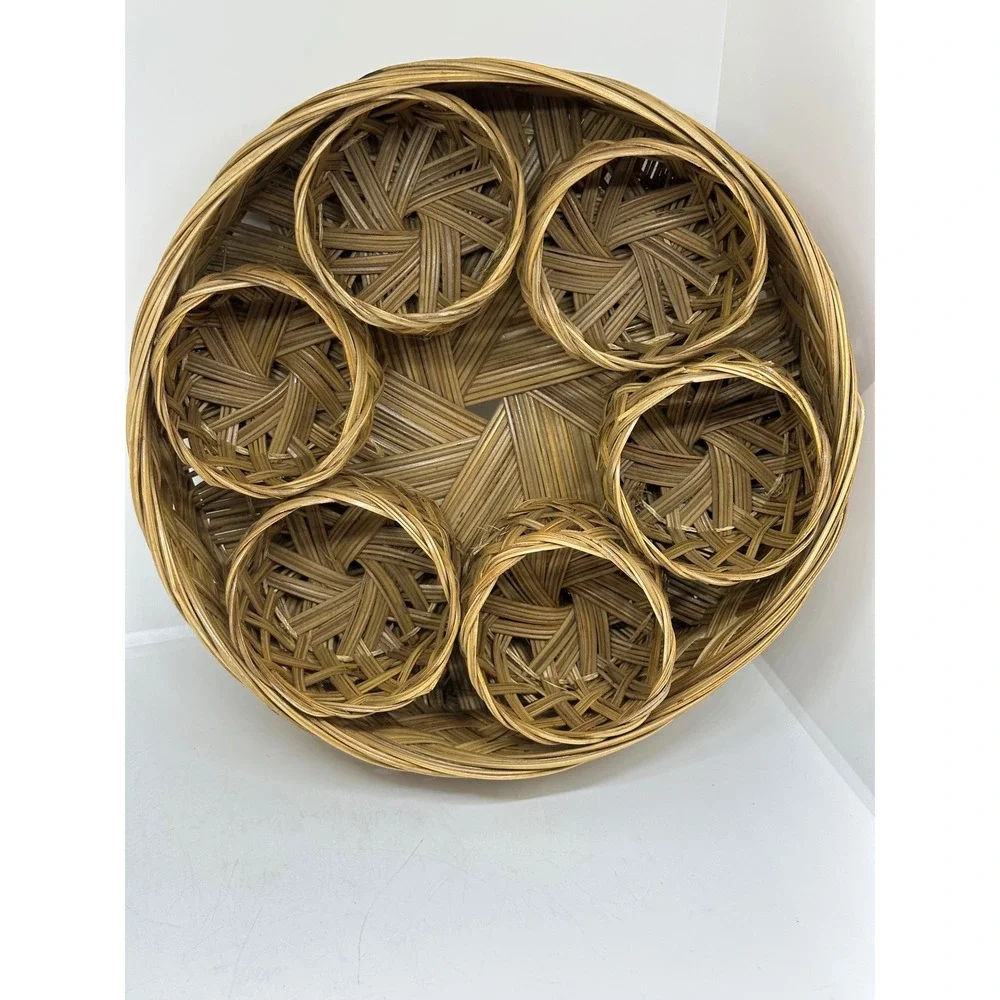 VTG Woven Wicker Coaster Set Brown Rattan Boho Coastal Home Decor 7 Piece Round
